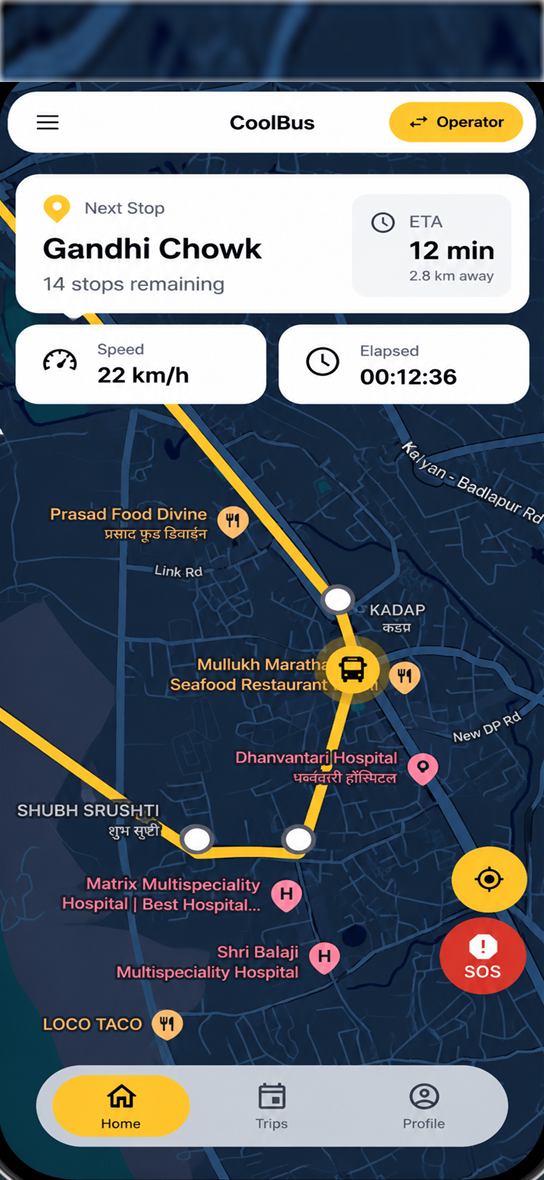CoolBus driver app on an iPhone 15 Pro, ready to start a trip