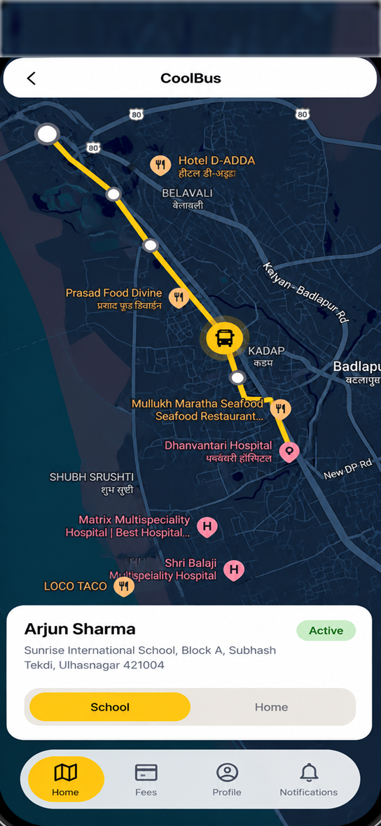 CoolBus parent app on an iPhone 15 Pro showing a live school bus on the map