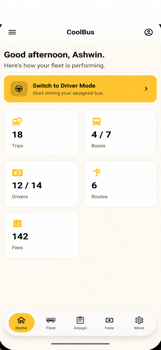 CoolBus operator dashboard on an iPhone 15 Pro, showing the live fleet